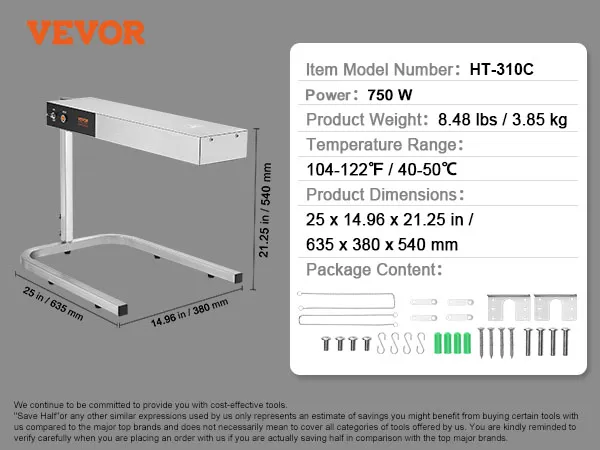 VEVOR Pommes-Frites-Wärmer ht-310c, 750 W mit angezeigten Abmessungen und Packungsinhalt.