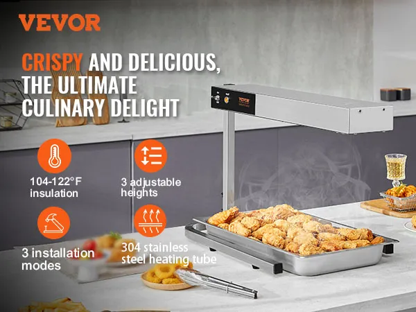 VEVOR-Pommes-Frites-Wärmer mit Edelstahl-Heizrohr über knusprigem Hähnchen in einer modernen Küche.