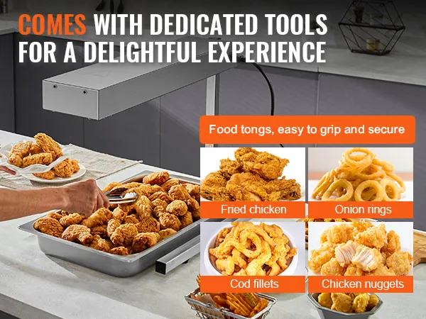 Servieren Sie Hühnchen und mehr mit einem Pommes-frites-Wärmer von VEVOR und der Lebensmittelzange für einfaches Greifen.