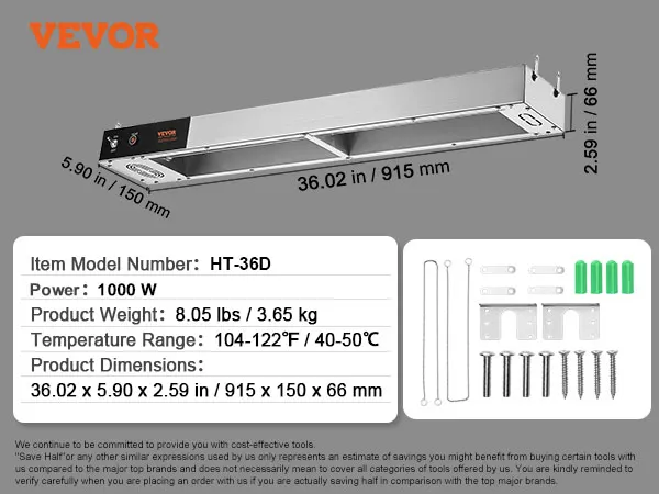 VEVOR frietwarmer ht-36d, 1000w, 36x5,9x2,59in, verpakking bevat kettingen, schroeven en beugels.