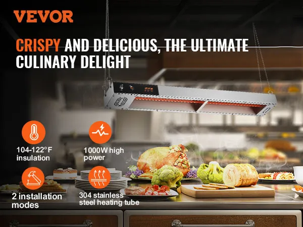 VEVOR frietwarmer met hoog vermogen en 40-50°C isolatie voor verse producten in een keuken.