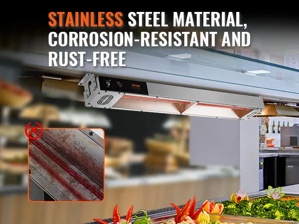 VEVOR frietwarmer van roestvrij staal, corrosiebestendig en roestvrij, voor boven een display.