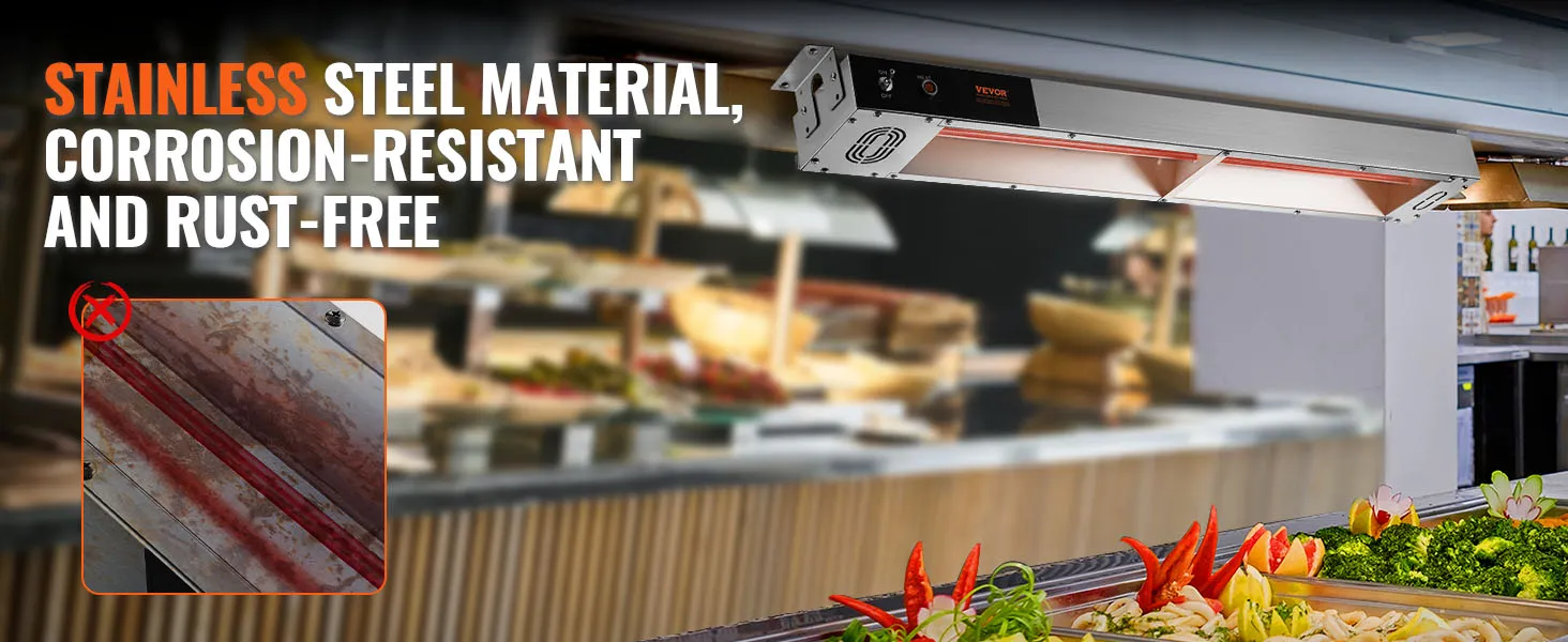 VEVOR french fry warmer in stainless steel, corrosion-resistant and rust-free, over a food display.