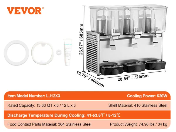 Dispensador de bebidas VEVOR con tres tanques transparentes de 12l, cuerpo de acero inoxidable y potencia de enfriamiento de 620w.
