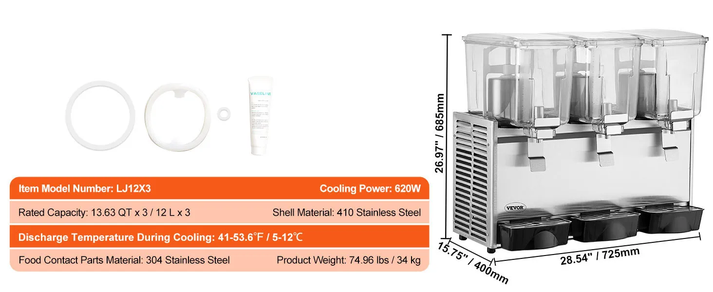 Dispensador de bebidas VEVOR con tres tanques transparentes de 12l, cuerpo de acero inoxidable y potencia de enfriamiento de 620w.