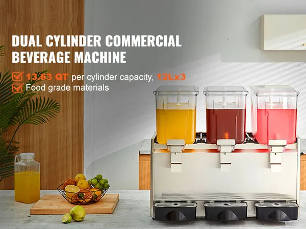 Dispensador de bebidas VEVOR con tres contenedores de jugo en un entorno de cocina, con capacidad de 13,63 qt cada uno.