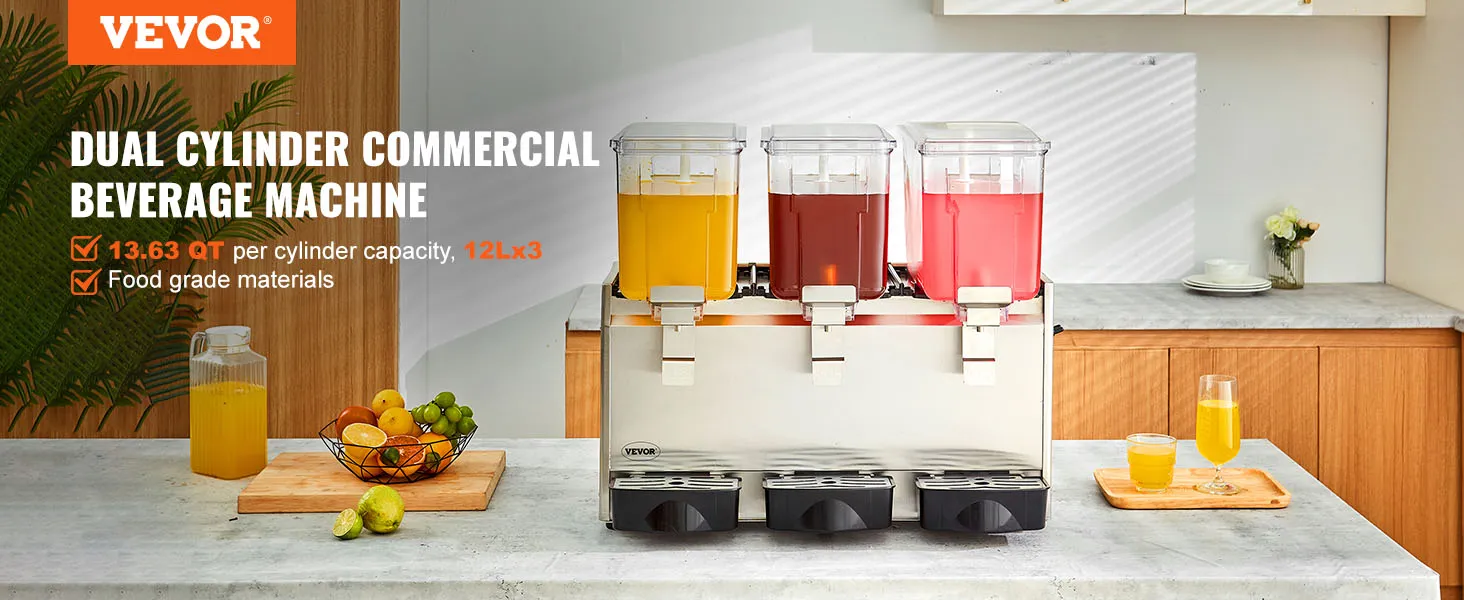 Dispensador de bebidas VEVOR con tres contenedores de jugo en un entorno de cocina, con capacidad de 13,63 qt cada uno.