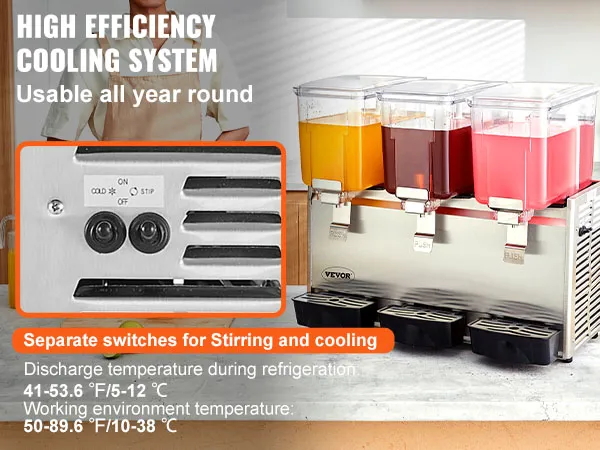 Dispensador de bebidas VEVOR de alta eficiencia en una cocina con interruptores separados para revolver y enfriar.