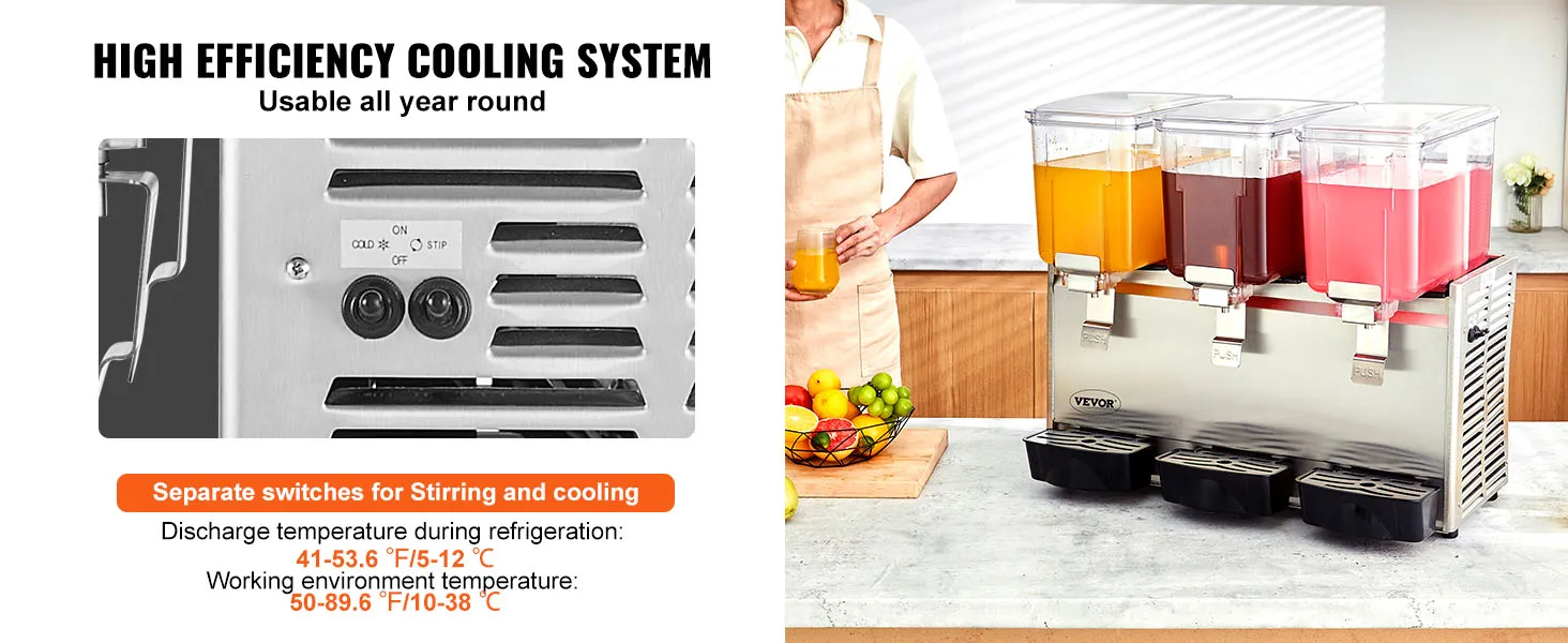 Dispensador de bebidas VEVOR de alta eficiencia en una cocina con interruptores separados para revolver y enfriar.
