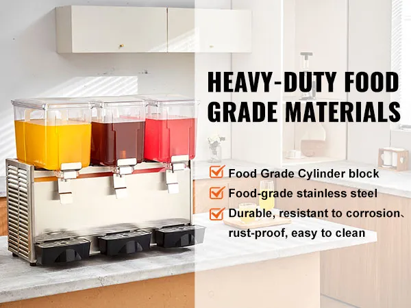 Dispensador de bebidas VEVOR con triple contenedor para jugos, fabricado en acero inoxidable duradero y apto para uso alimentario.