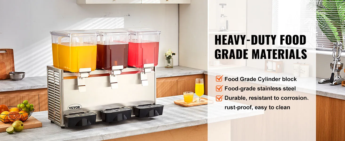 Dispensador de bebidas VEVOR con triple contenedor para jugos, fabricado en acero inoxidable duradero y apto para uso alimentario.