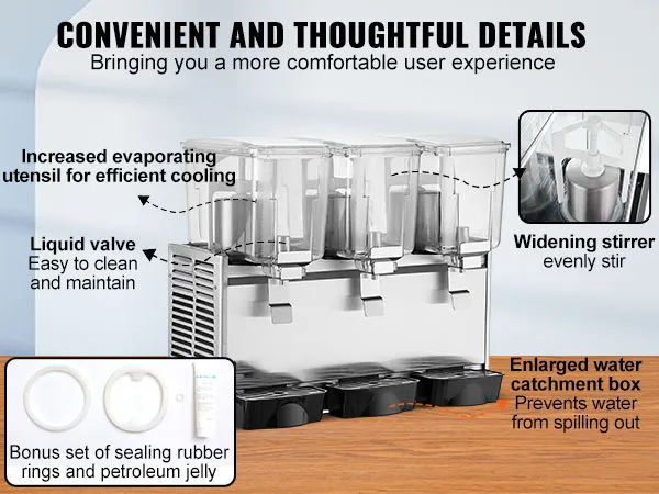 Dispensador de bebidas VEVOR con válvulas de líquido, agitadores ensanchados y una caja de recolección de agua agrandada.