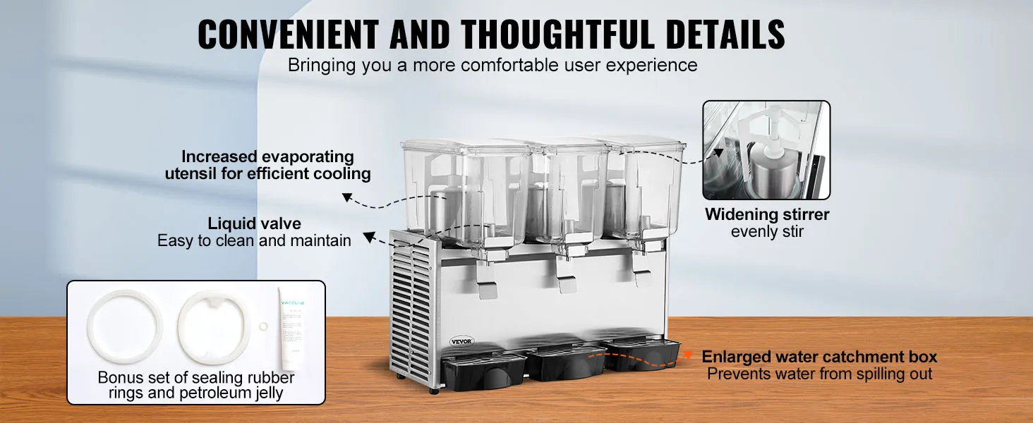 Dispensador de bebidas VEVOR con válvulas de líquido, agitadores ensanchados y una caja de recolección de agua agrandada.