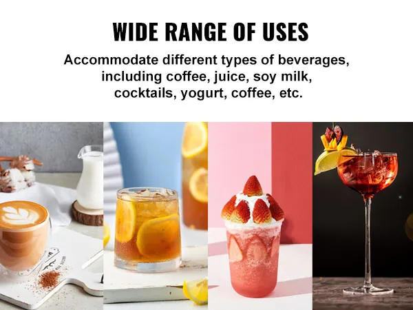 Amplia gama de bebidas en el dispensador de bebidas VEVOR: café, zumo, leche, cócteles, yogur, leche de soja.