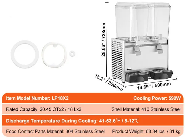 Dispensador de bebidas VEVOR, capacidad 20,45 qt x2, potencia 590w, acero inoxidable, temperatura de descarga de 41-53,6 °F.