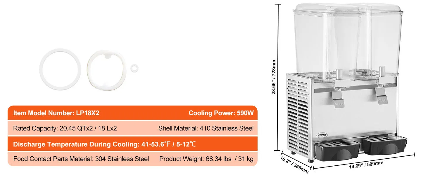 Dispensador de bebidas VEVOR, capacidad 20,45 qt x2, potencia 590w, acero inoxidable, temperatura de descarga de 41-53,6 °F.