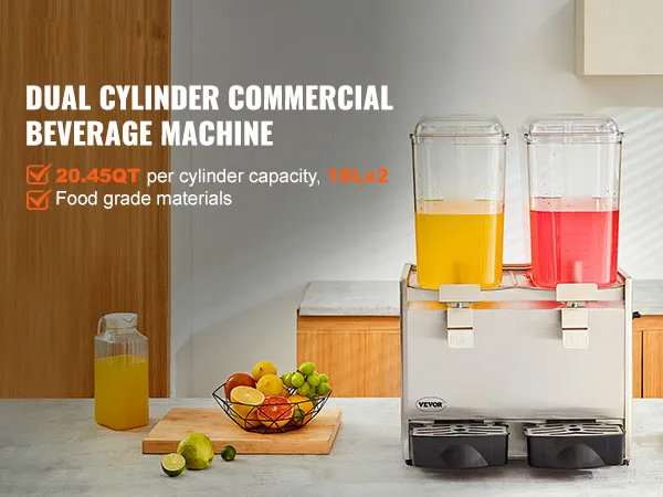 Dispensador de bebidas VEVOR en un entorno de cocina con frutas y bebidas, que muestra cilindros dobles.