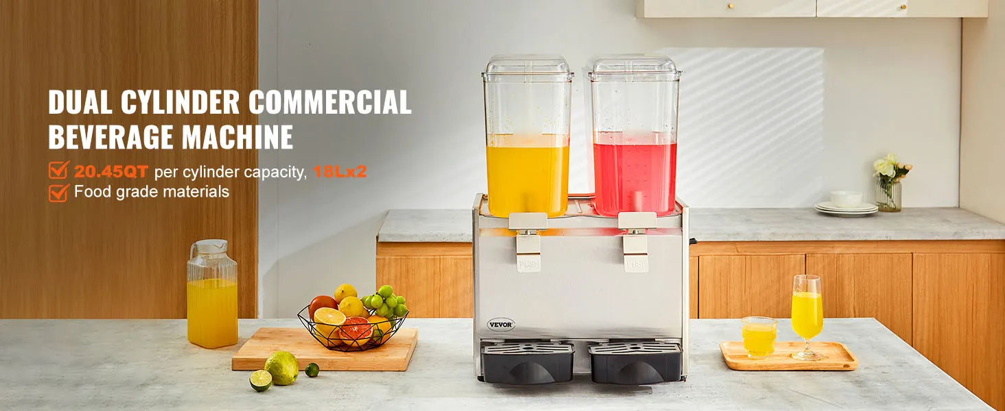Dispensador de bebidas VEVOR en un entorno de cocina con frutas y bebidas, que muestra cilindros dobles.