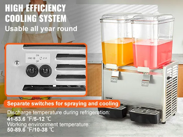 Dispensador de bebidas VEVOR con sistema de enfriamiento de alta eficiencia, jugos de dos colores e interruptores separados.