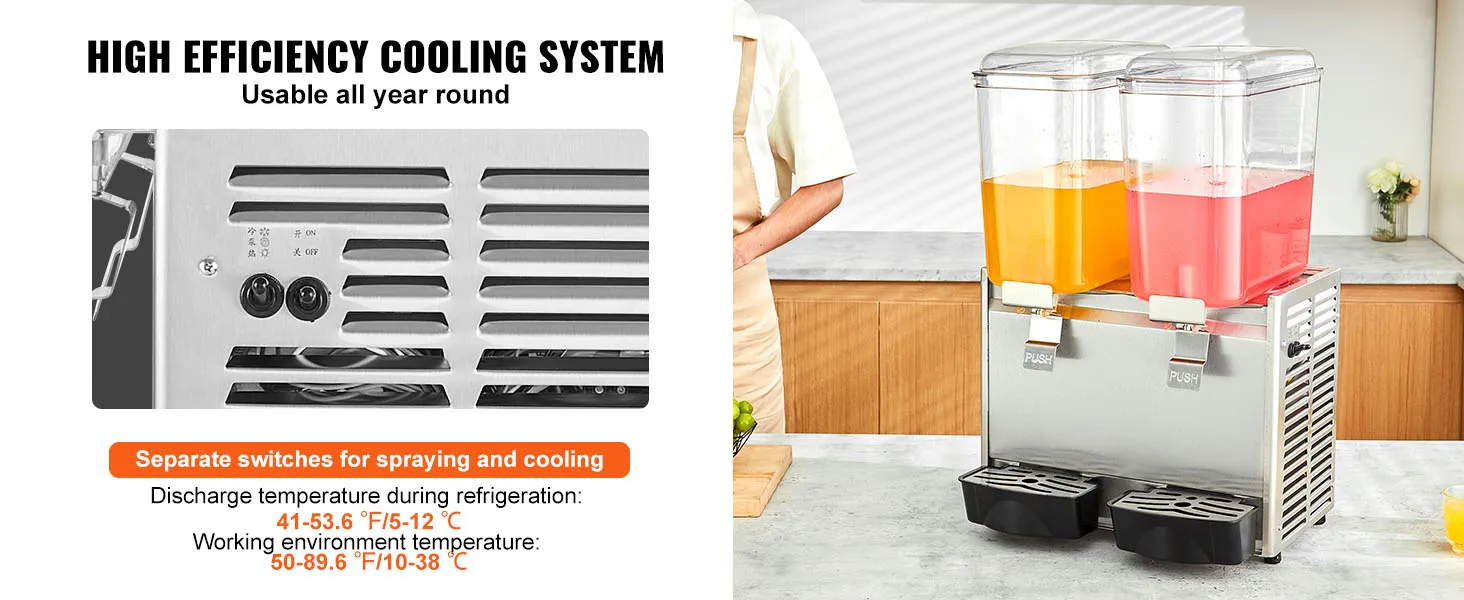 Dispensador de bebidas VEVOR con sistema de enfriamiento de alta eficiencia, jugos de dos colores e interruptores separados.