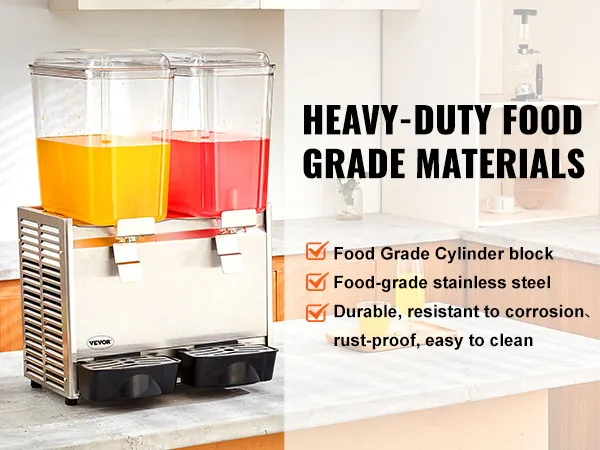 Dispensador de bebidas VEVOR con contenedores dobles, materiales de calidad alimentaria y un moderno fondo de cocina.