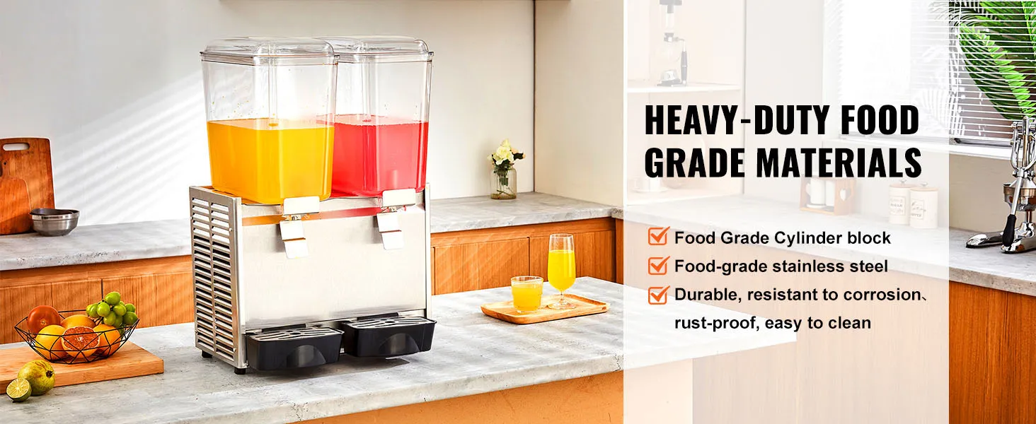 Dispensador de bebidas VEVOR con contenedores dobles, materiales de calidad alimentaria y un moderno fondo de cocina.