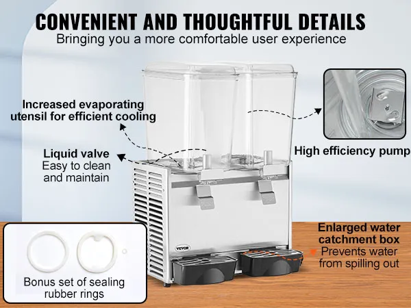 Dispensador de bebidas VEVOR con bomba de alta eficiencia, válvula de líquido y caja de recolección de agua agrandada.