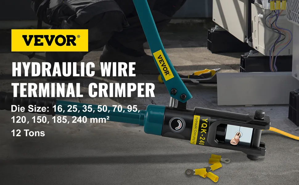 VEVOR hydraulic wire crimper with die sizes 16-240 mm², 12 tons capacity.