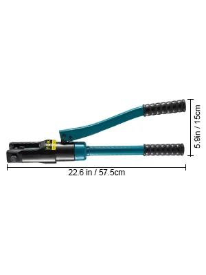 VEVOR hydraulic wire crimper with blue handle and measurements displayed.