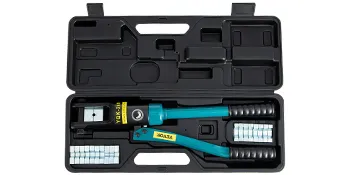 VEVOR hydraulic wire crimper in a black plastic case with accessories.