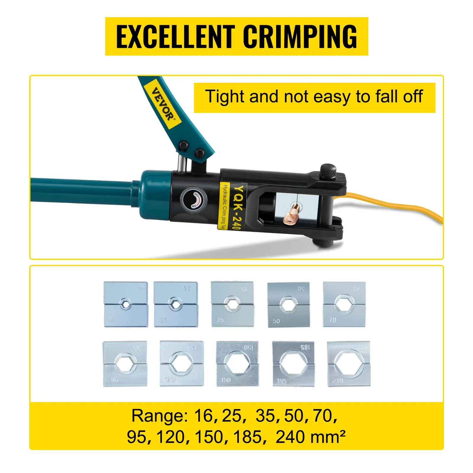 VEVOR hydraulic wire crimper with crimp dies ranging from 16 to 240 mm². excellent crimping.