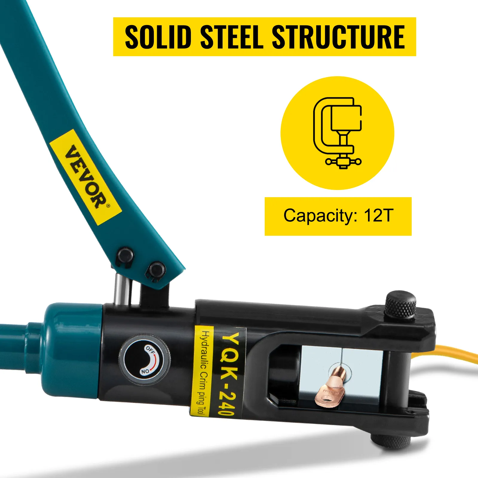VEVOR hydraulic wire crimper with solid steel structure, 12t capacity.