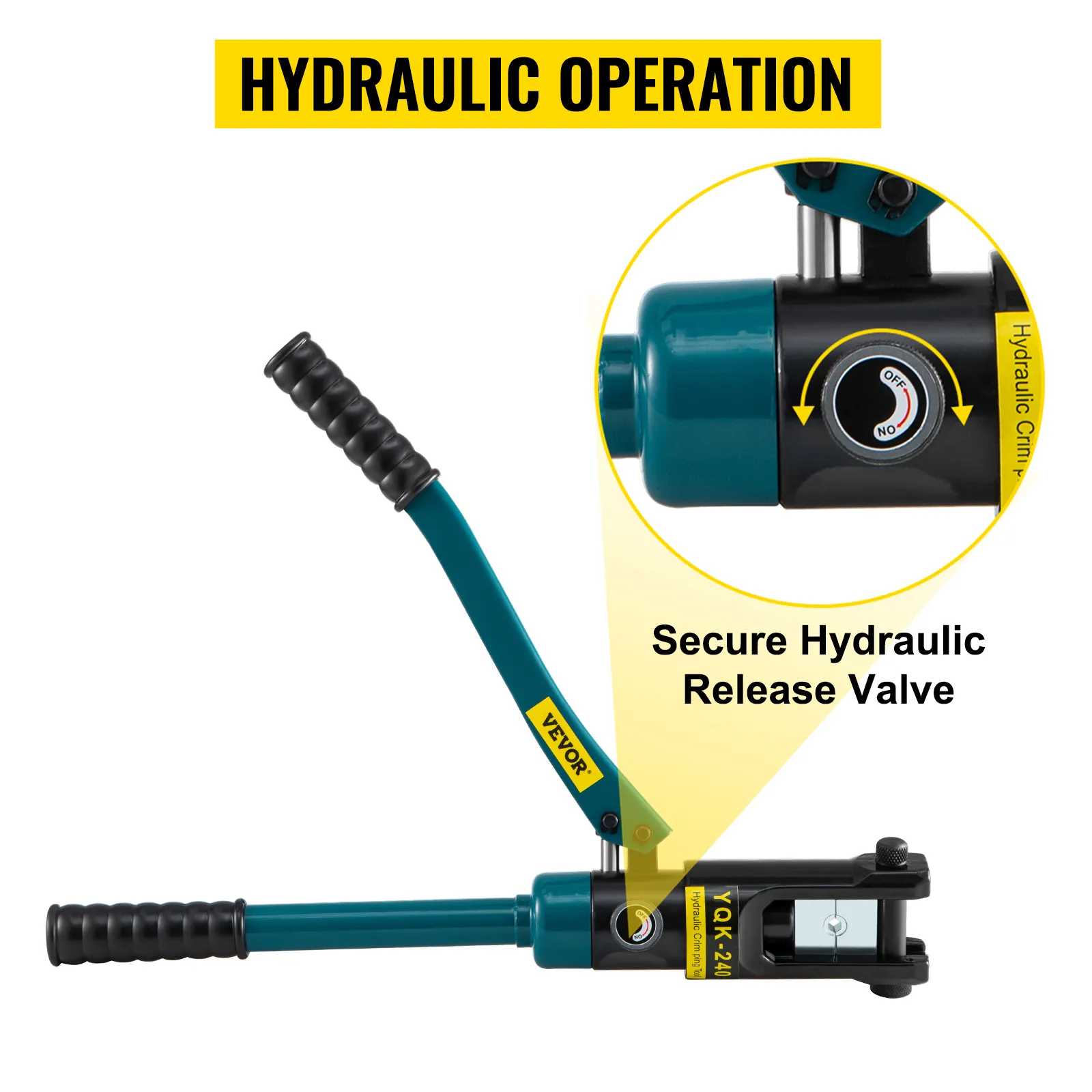 VEVOR hydraulic wire crimper with secure hydraulic release valve for efficient operation.