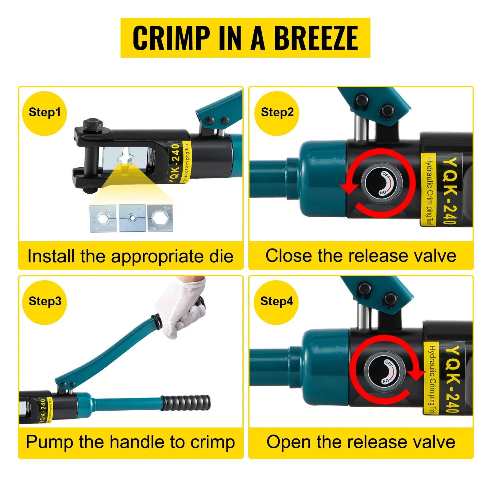 VEVOR hydraulic wire crimper usage guide: install die, close valve, pump handle, open valve.