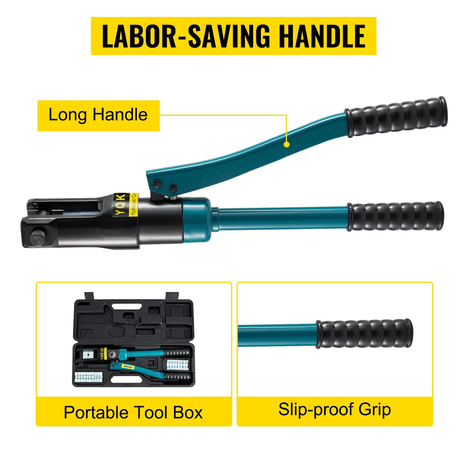 VEVOR hydraulic wire crimper with labor-saving handle, portable tool box, and slip-proof grip.