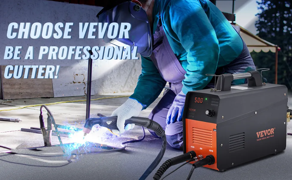 person using VEVOR plasma cutter with helmet, spark effects, promotional text in background.