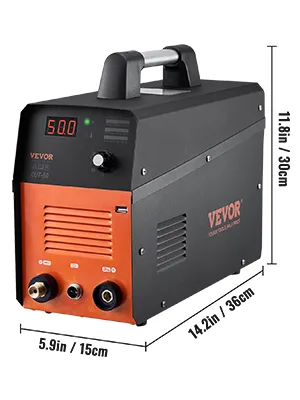 VEVOR plasma cutter dimensions: 14.2in x 5.9in x 11.8in, black-orange design with digital display and handle.