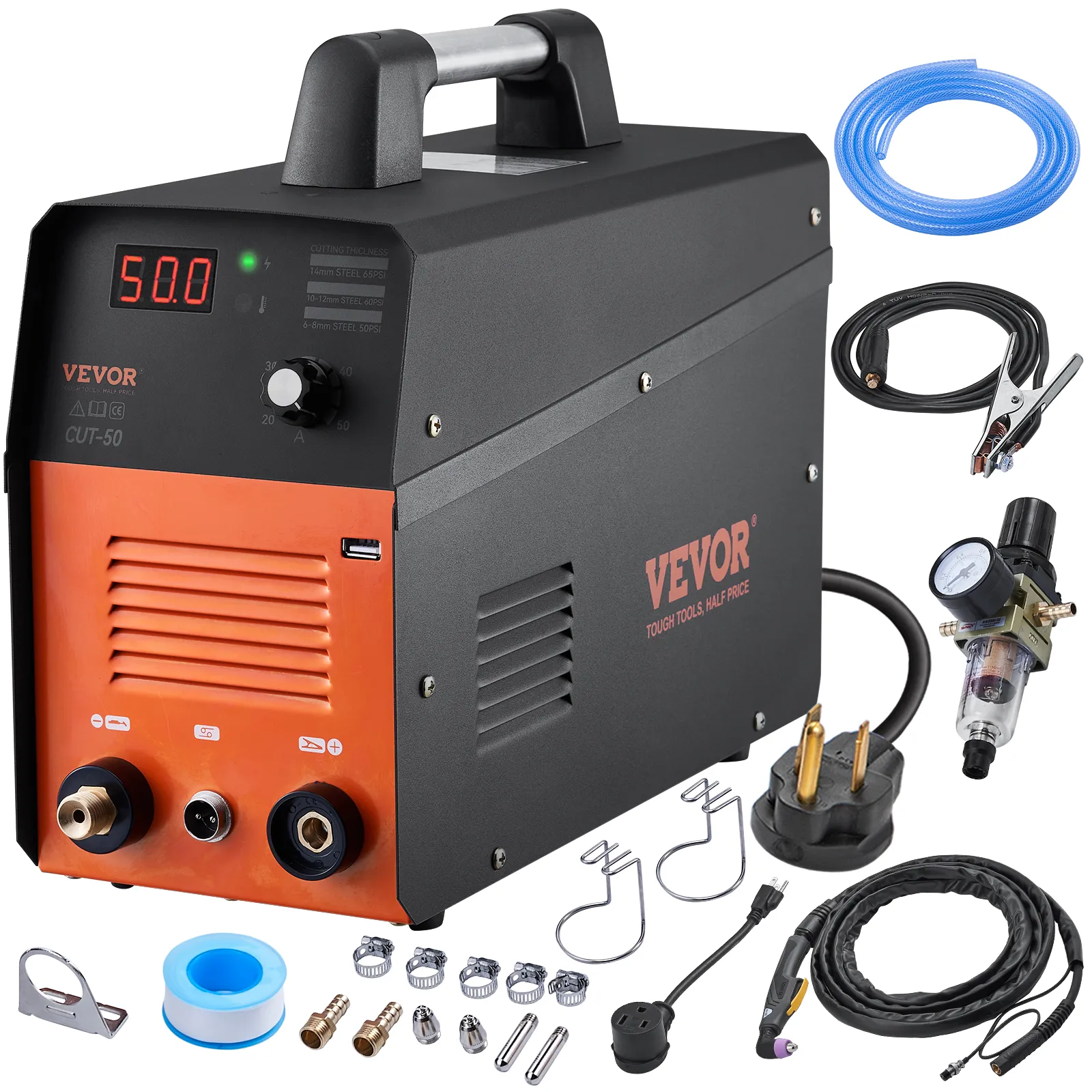 VEVOR plasma cutter with digital display, hose, gauges, clamps, and various accessories.