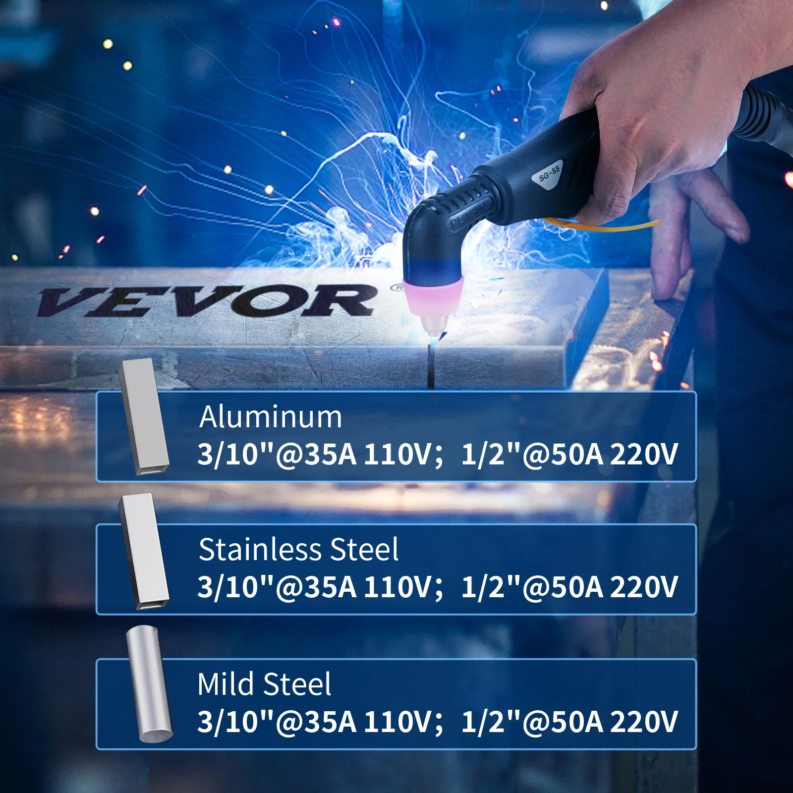 VEVOR plasma cutter cutting metal with aluminum, stainless steel, mild steel specifications displayed.