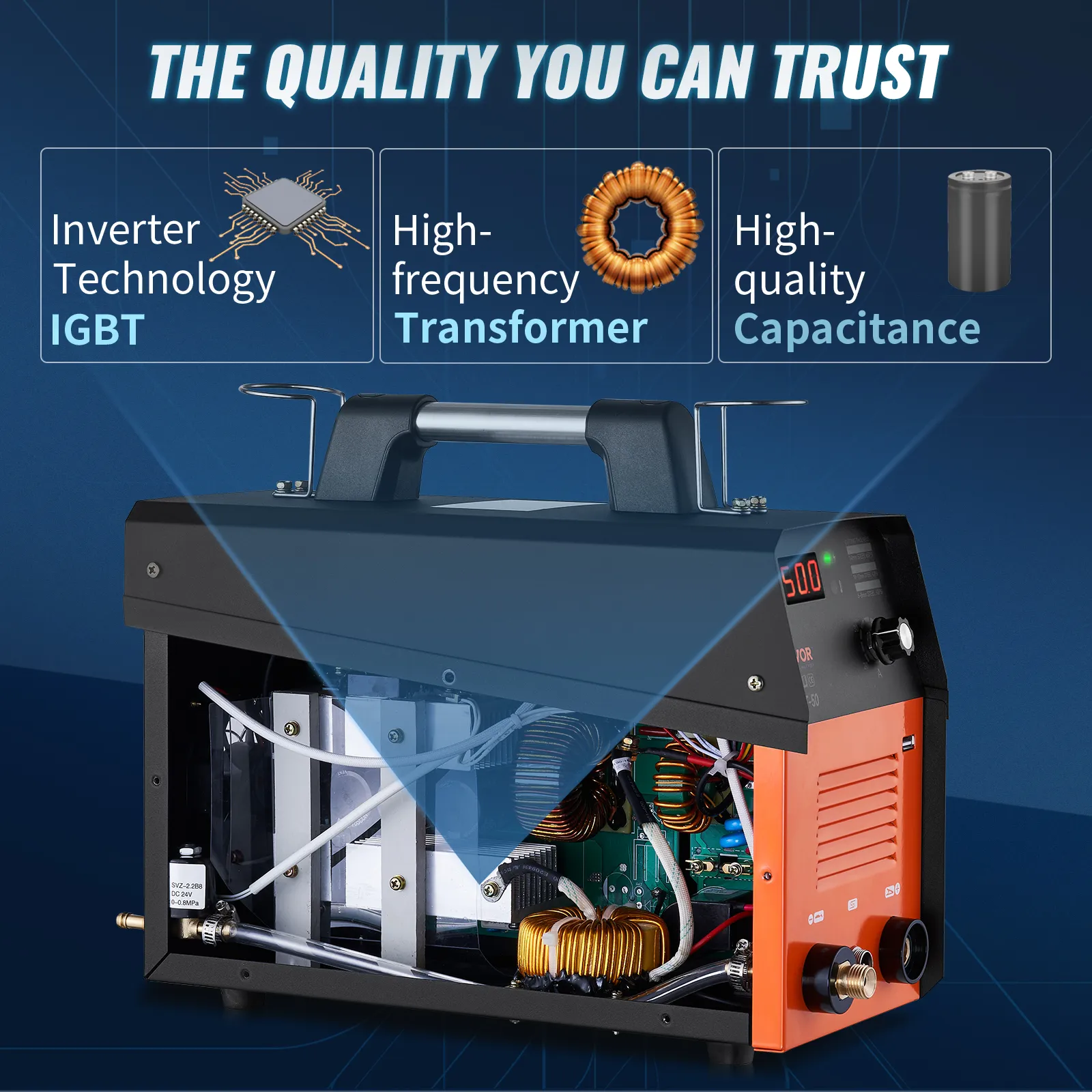 VEVOR plasma cutter with igbt inverter technology, high-frequency transformer, and quality capacitance.