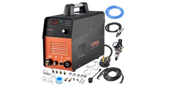 Cortador de plasma VEVOR con accesorios que incluyen cables, conectores, mangueras y enchufes.