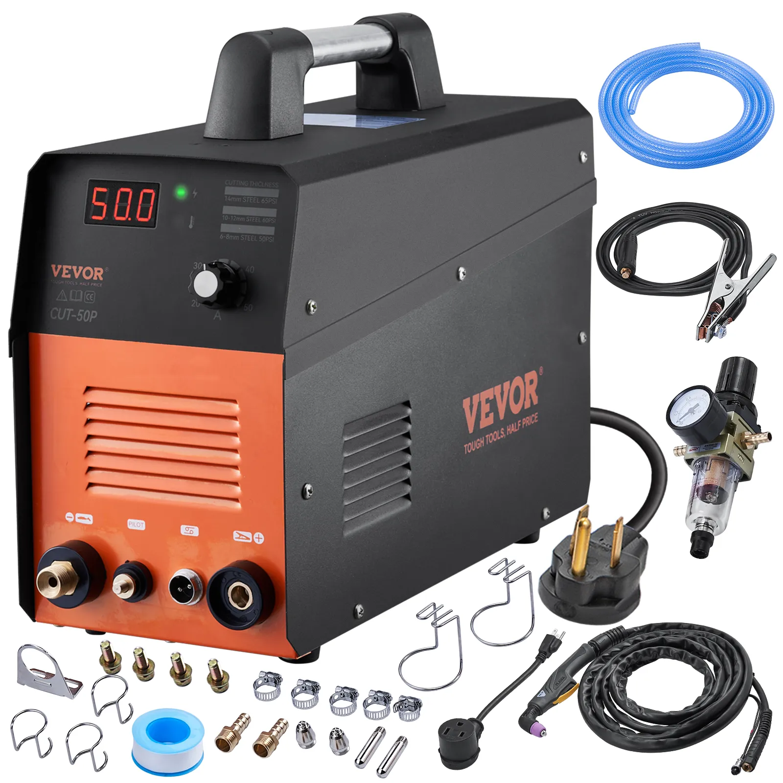 Cortador de plasma VEVOR con accesorios que incluyen cables, conectores y un medidor.