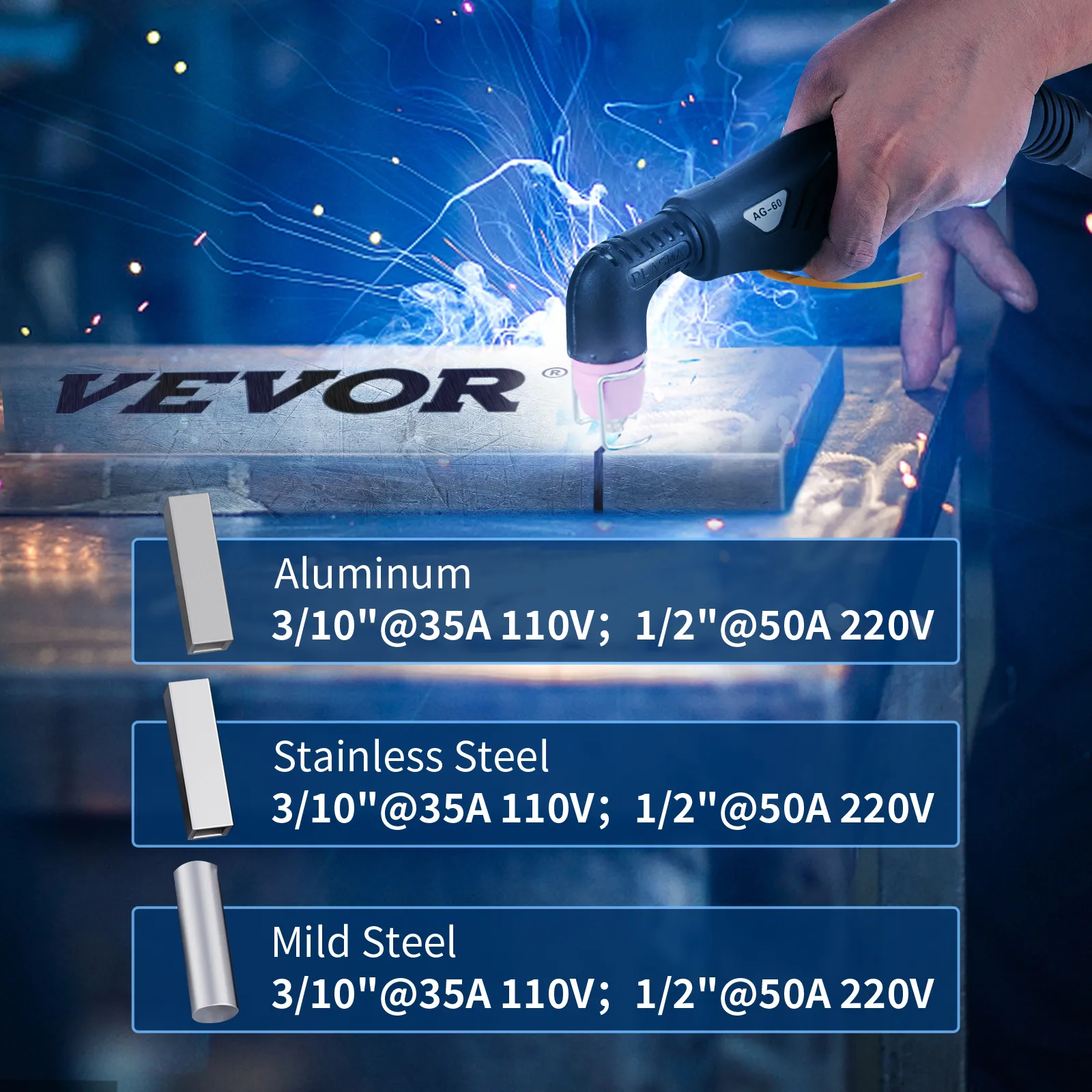 Persona utiliza un cortador de plasma VEVOR con especificaciones para aluminio, acero inoxidable y acero dulce que se muestran.