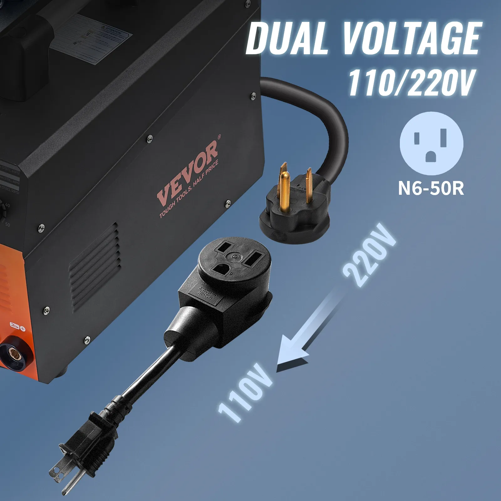 Cortadora de plasma VEVOR de doble voltaje 110/220v con adaptador de enchufe n6-50r, flecha que indica 220v a 110v.