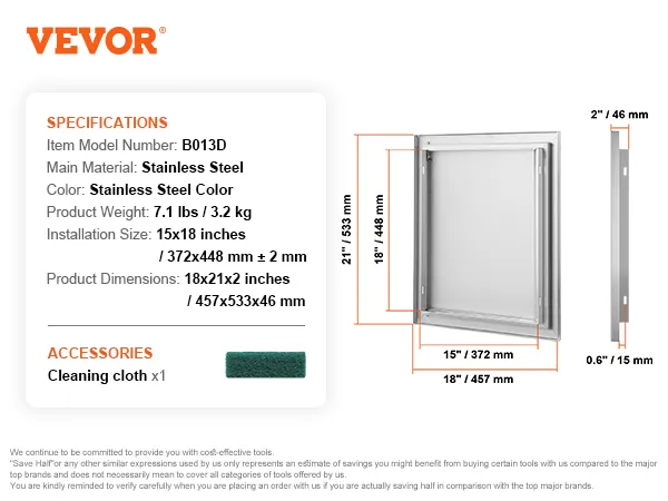 VEVOR bbq-toegangsdeur, roestvrij staal, 18x21 inch, model b013d, inclusief schoonmaakdoekje.