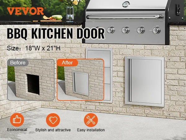 Installatie van VEVOR bbq-toegangsdeur in buitenkeuken met baksteenontwerp, met voor- en na-effect.