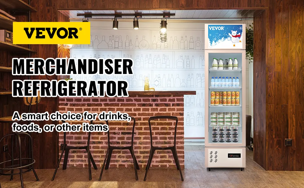 VEVOR commercial refrigerator in a stylish wooden bar setting, stocked with drinks and snacks.