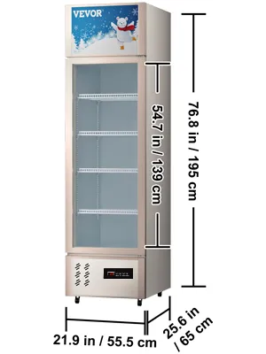 VEVOR commercial refrigerator with transparent door, internal shelving, and dimensions of height 76.8 in.