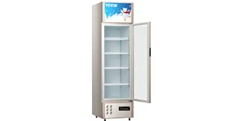 VEVOR commercial refrigerator with glass door, interior shelves, and digital display panel.