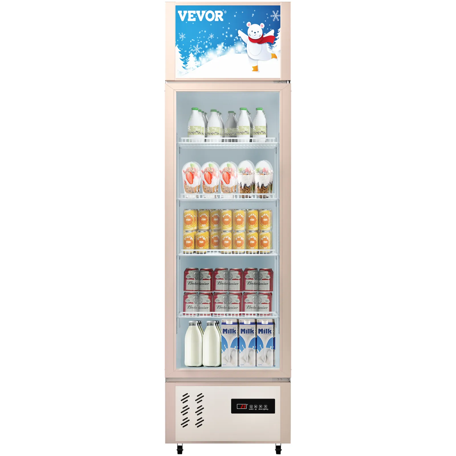 VEVOR commercial refrigerator with milk, juices, and beverages on display, featuring a snowy cartoon design.